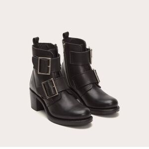 Frye • Sabrina Double Buckle Boot ankle bootie black leather block heeled moto